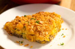 Ritz cracker beef corn casserole Pinterest image with title