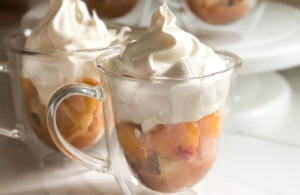 Pinterest and featured image for fresh peach trifle with title