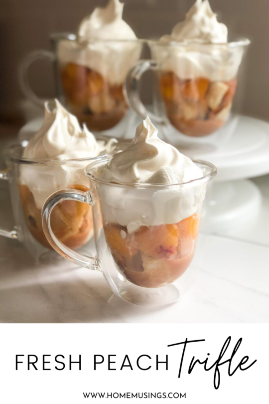 Pinterest and featured image for fresh peach trifle with title